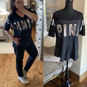 Y2K PINK Victoria’s Secret Bling Sequin Varsity Style Oversized Top Tee